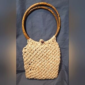Vintage Macrame Hand Made Knit  Double Bamboo Handel BoHo Lined Purse Bag